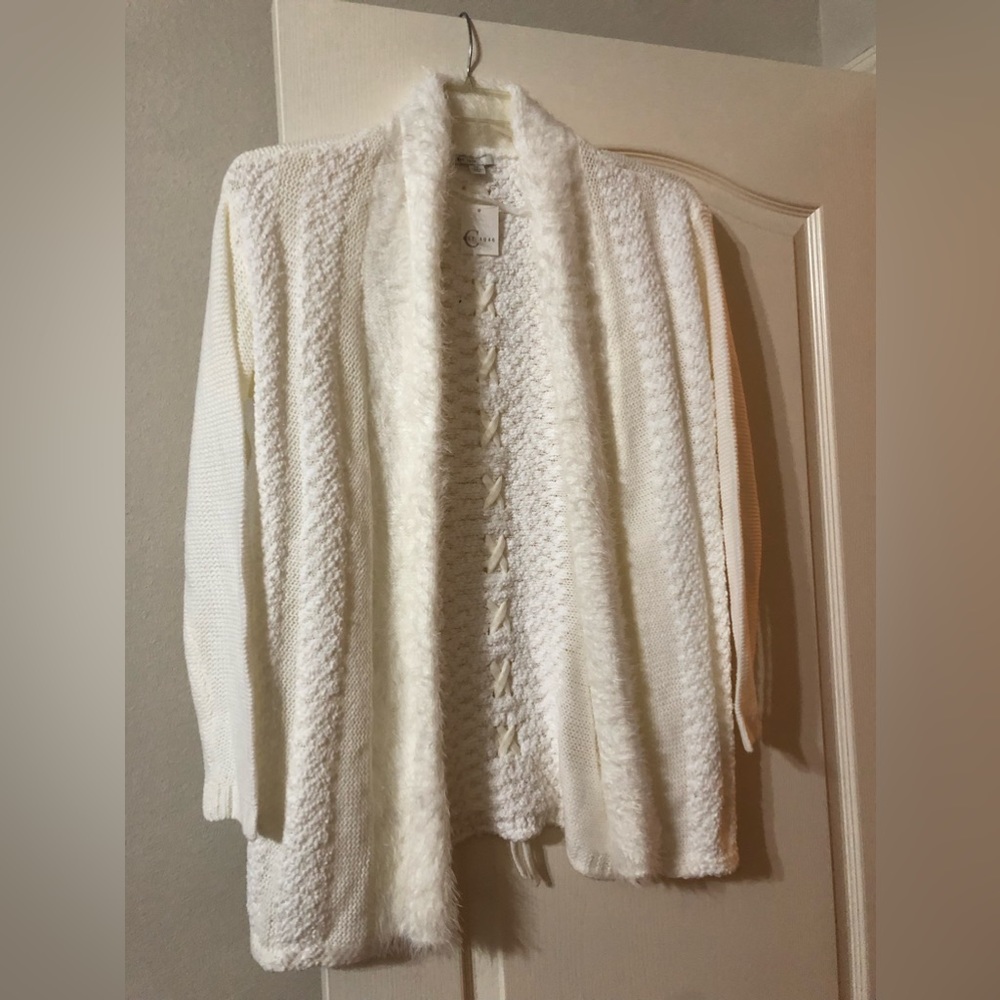 C Est 1946 Size M Cardigan Sweater creamy white lattice back New with tags